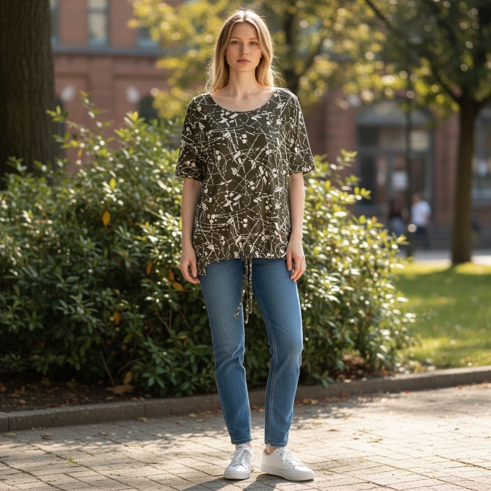 Matti Mamane large Abstract Print Green Top lagenlook front pockets